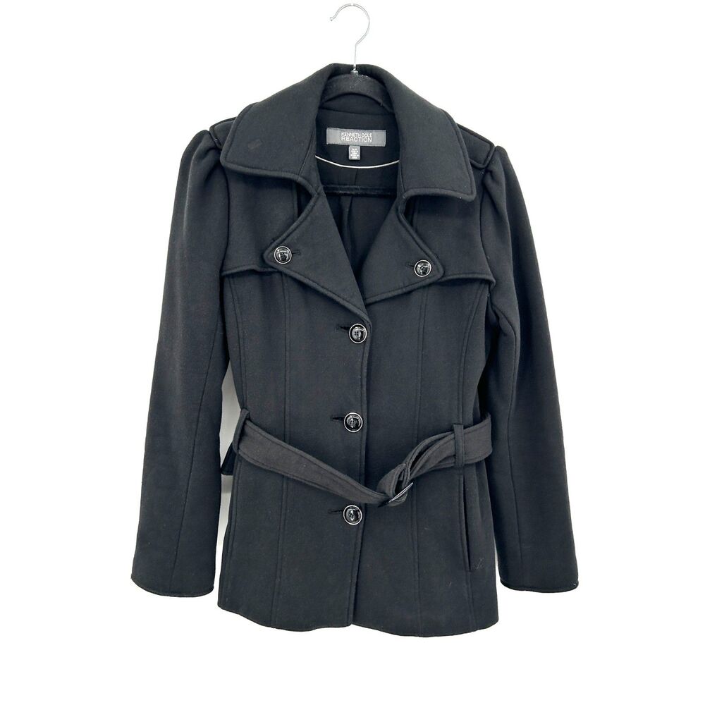 KENNETH COLE REACTION Black Belted Wool Blend Peacoat Button Up Jacket Medium